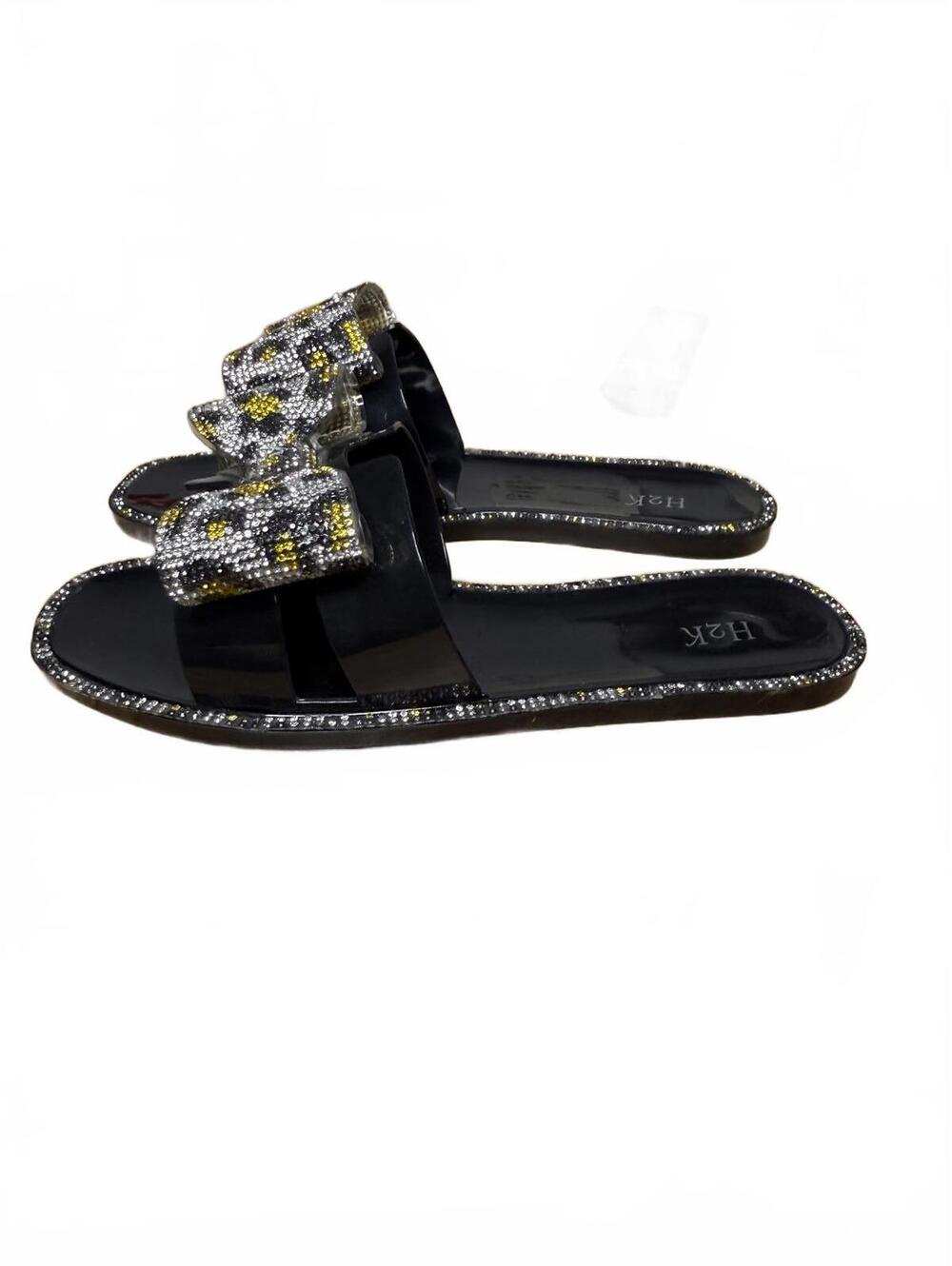 H2K Glitter Bow Slid Sandals Sz 7 Black Bling Jewel Stone Jelly Slippers Shiny